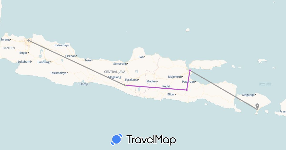 TravelMap itinerary: driving, plane, train in Indonesia (Asia)